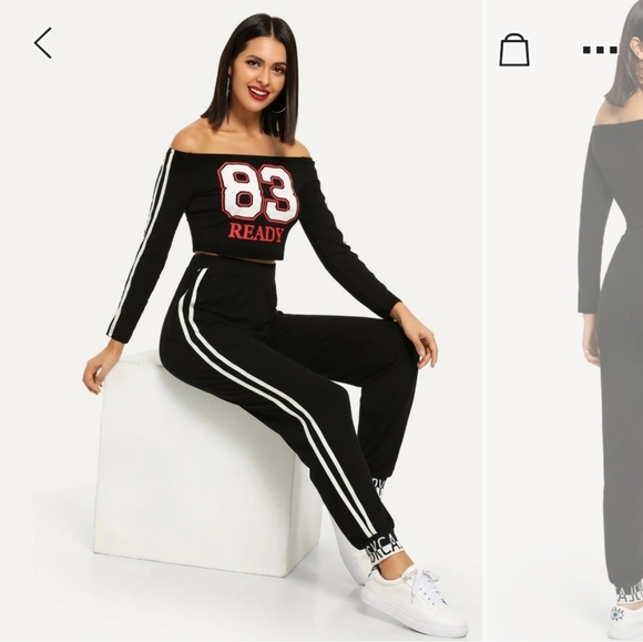 SHEIN Other - Letter Print Off Shoulder  Top and Striped Pants